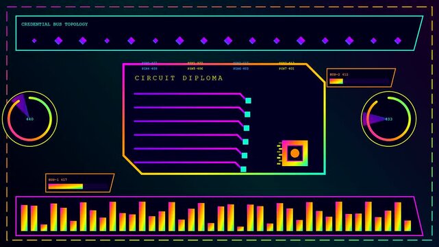 A digital diploma displayed within a vibrant neon interface featuring pulsing bars and circular graphs as information flows rapidly through this complex virtual network screen display
