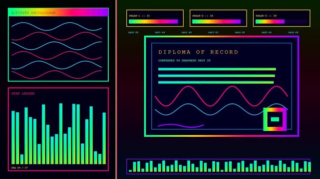 A digital diploma displayed within a vibrant neon user interface featuring oscillating sound waves and pulsing bar graphs for academic certification and virtual verification screen monitoring