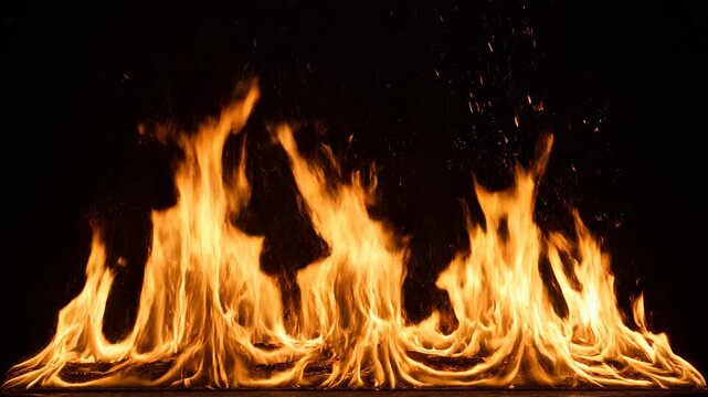 Dynamic fire flames burning intensely against a dark backdrop with subtle sparks and embers dancing