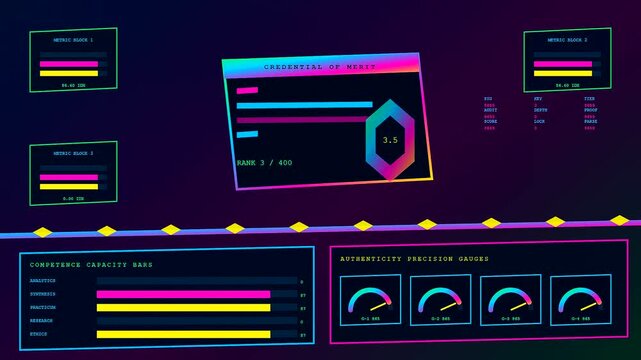 A digital diploma dashboard displays evolving metrics and progress bars as data visualizations flicker across a dark screen interface showing three stages of user ranking progress
