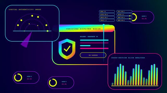 A digital diploma verified badge displays shifting radar scan motion graphics and pulsing data charts with vibrant neon glow gradients on a dark screen interface display