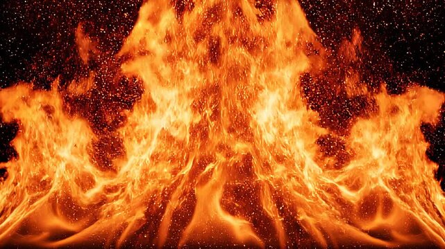 Dynamic fire flames burning intensely with embers rising in a dark studio setting