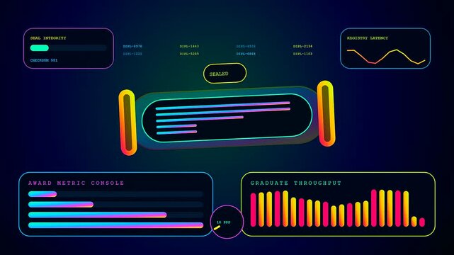 A digital diploma displayed within a vibrant neon interface featuring pulsing progress bars and dynamic data graphs representing complex system metrics across a dark field