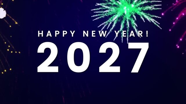 Happy New Year 2027 with Glow Typography, Fireworks and Glittering Festive Night Background.