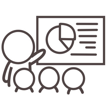 Stick figure presenting a chart board to an audience. Hand drawn line art of a business presentation isolated on white background.