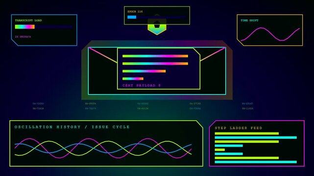 A digital diploma displayed within a vibrant neon interface featuring pulsing waveforms and colorful bar charts that cycle through multiple phases of software data processing