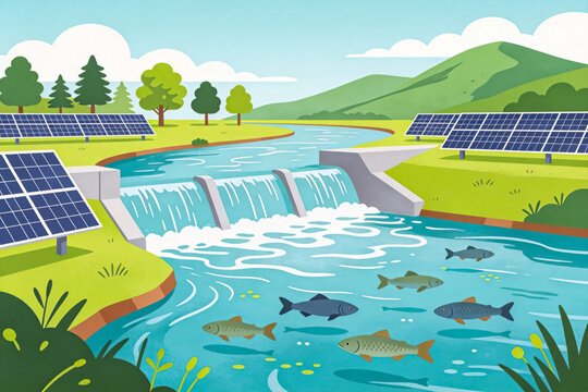 River Dam with Solar Panels and Swimming Fish in Natural Landscape