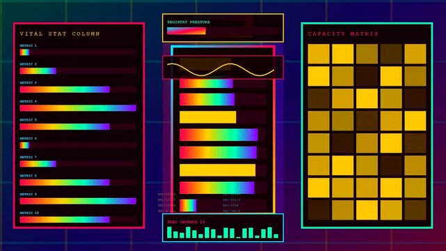 A digital diploma screen layout features multiple vertical panels with glowing rainbow color spectrum bars and square grid modules arranged on a dark purple grid surface