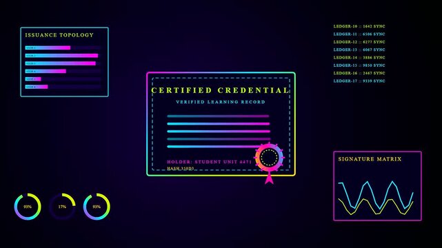 A digital diploma record rendered with glowing neon lines and complex statistical charts set within a dark environment showing fluid motion of multiple floating interface panels