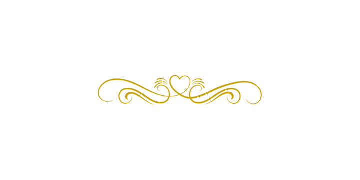 Elegant golden flourish divider with a central heart symbol isolated on transparent background