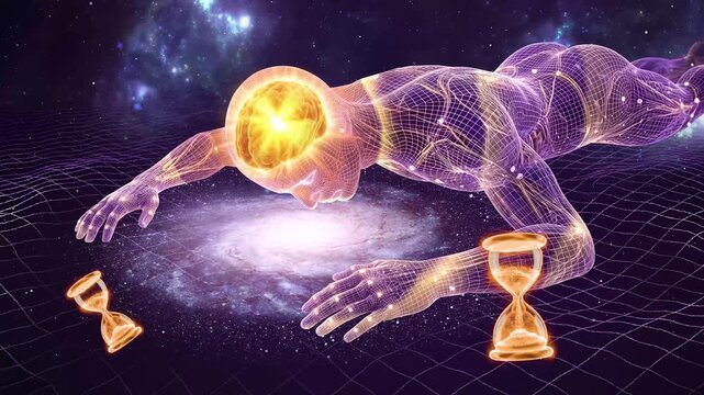 Wireframe Human Body Floating with Illuminated Brain, Hourglasses and Spiral Galaxy Cosmic Background