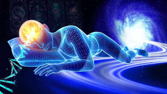 Wireframe Human Body Sleeping on Pillow with Illuminated Brain, DNA Helix and Cosmic Energy Vortex Background