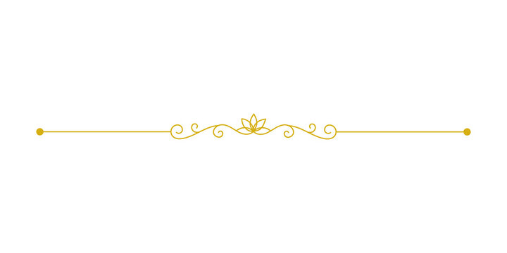 Elegant golden horizontal divider with decorative floral swirls and symmetrical flourishes isolated on transparent background