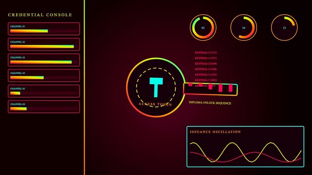 A digital diploma access token console interface with glowing geometric shapes and oscillating lines flickering on a dark screen while dynamic loading bars update rapidly