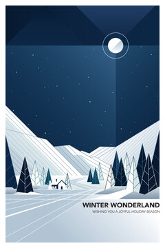 Minimalist geometric winter wonderland at night modern retro style vertical template have blank space.