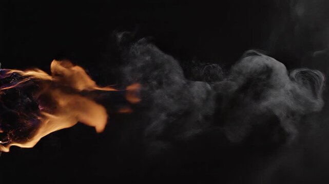 Dynamic fire and smoke trail moving across black background with cinematic motion and subtle orange glow