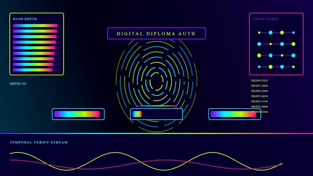 A vibrant digital diploma authentication interface featuring pulsating neon fingerprint patterns and oscillating sine waves moving across a dark screen during a complex verification sequence