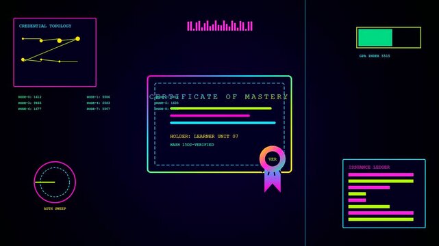 A digital diploma verified by code interfaces appears on screen within this animated sequence showing abstract data structures and glowing lines in dark space