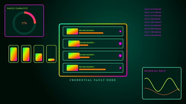 A digital diploma system displays dynamic data visualizations on a dark interface showing fluctuating metrics and file storage management within a neon glowing graphical dashboard environment