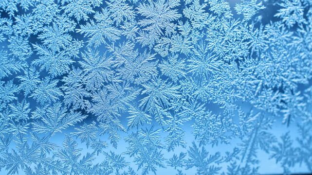 Close up of ice crystals forming on window pane during cold winter day.