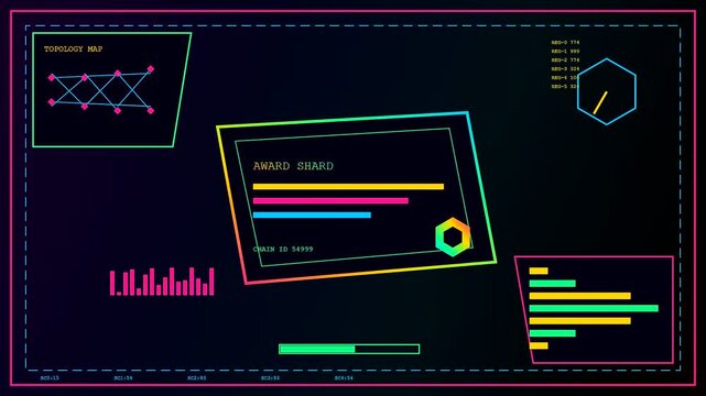 a colorful digital diploma design presented in three distinct futuristic panels showcasing glowing graphic elements with a dark interface and moving data bars throughout