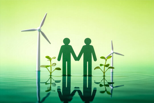 Two People Holding Hands With Wind Turbines and Seedlings