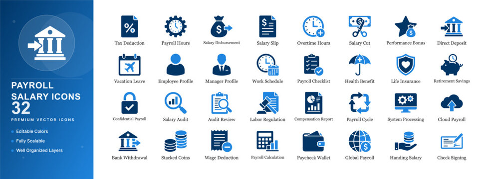 Payroll salary management icon set wages compensation employee hr payment earnings benefit stipend paycheck bonus tax deduction remuneration workforce overtime accounting staff labor vector isolated