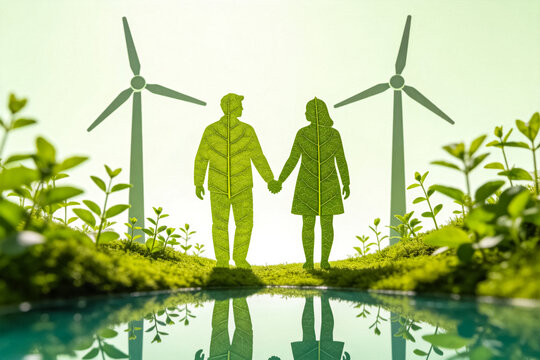 Couple Holding Hands With Wind Turbines And Green Plants