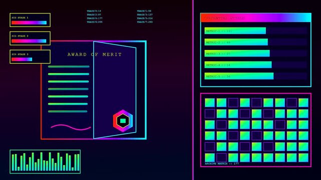 A digital diploma screen displays cascading data streams and neon geometric charts while glowing nodes fluctuate inside an intricate dark interface for modern software analysis