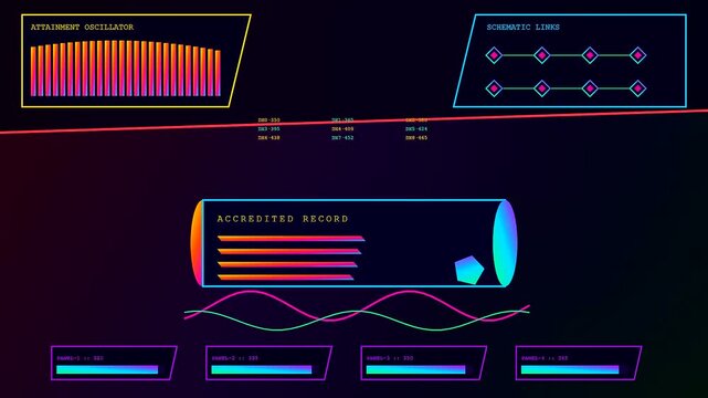 A digital diploma dashboard displays animated fluctuating bar graphs and rhythmic wave patterns on a dark interface representing a complex system of modular tracking data