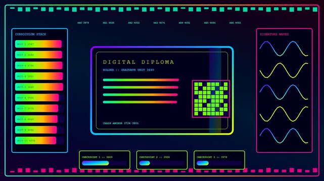 A digital diploma screen showing dynamic neon wave patterns and data bar charts in a glowing futuristic interface presented within a three panel video sequence