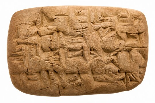 Clay tablet inscribed with cuneiform script on white background