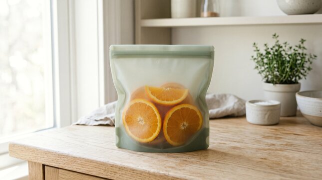 Reusable Silicone Food Storage Bag Filled with Fresh Orange Slices