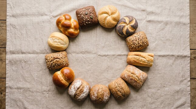 Assorted bread rolls arranged in a circle on a linen cloth background