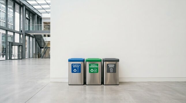 Three minimalist recycling bins in a bright modern office building atrium