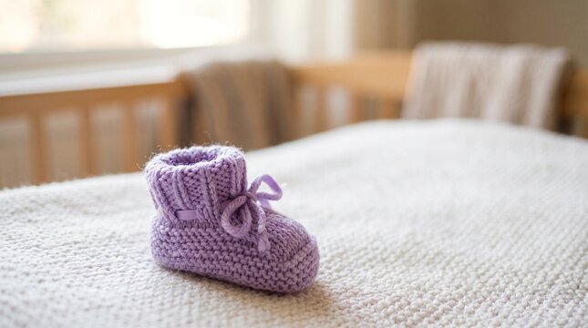 Tiny purple knitted baby bootie on a soft white blanket in a nursery