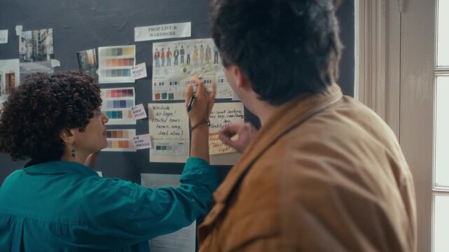 Male art director and female filmmaker discussing details of wardrobe sketch and prop list on preproduction reference moodboard on wall during workday in studio