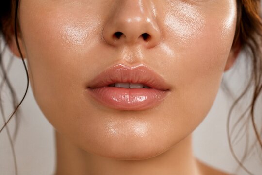 Female model glossy lips and smooth skin closeup portrait