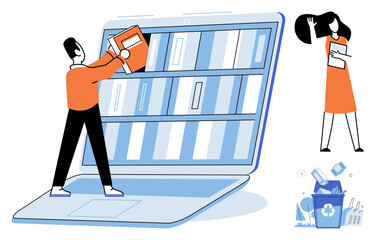 Man and woman organizing books on a laptop screen vector illustration. E-learning, digital library, online education, knowledge management, information storage, remote study. Virtual bookshelf © Dmytro