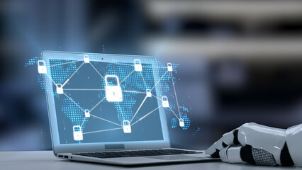 A robotic hand interacts with a laptop displaying a digital network security concept, symbolizing...