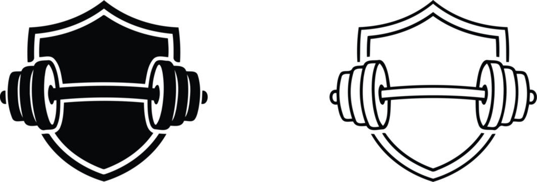 Gym fitness logo with barbell shield and chain emblem for hardcore athletics branding