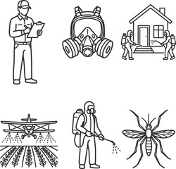 Obraz premium Pest control service icons set with workers protective equipment and insects in thin line style