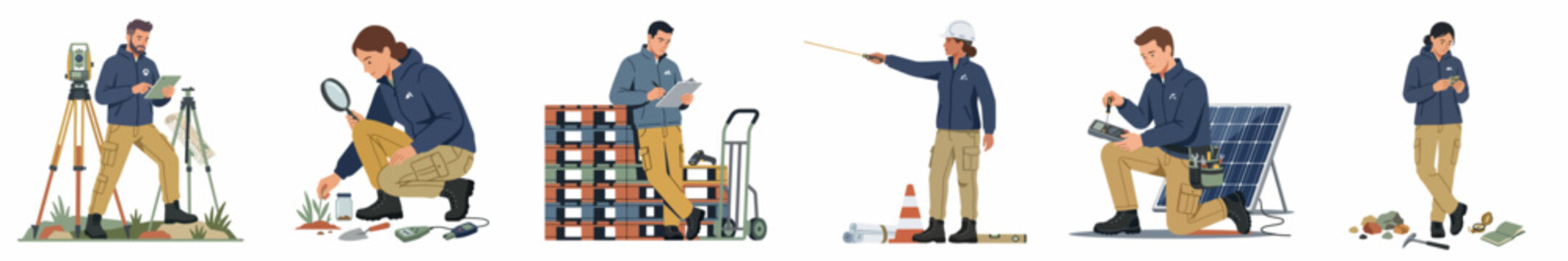 Collection of diverse professional workers including surveyor, scientist, logistics coordinator, engineer, solar technician, and archaeologist, isolated on a white background.