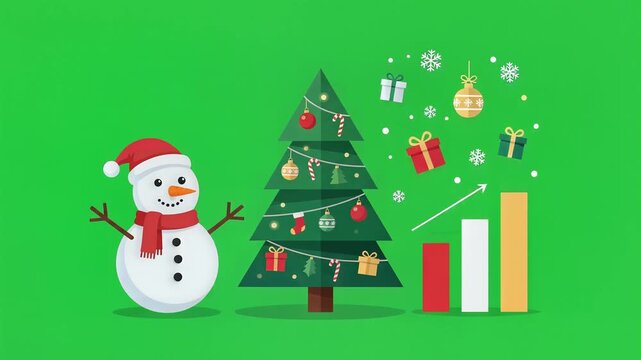 Animated snowman and christmas tree beside rising business bar chart