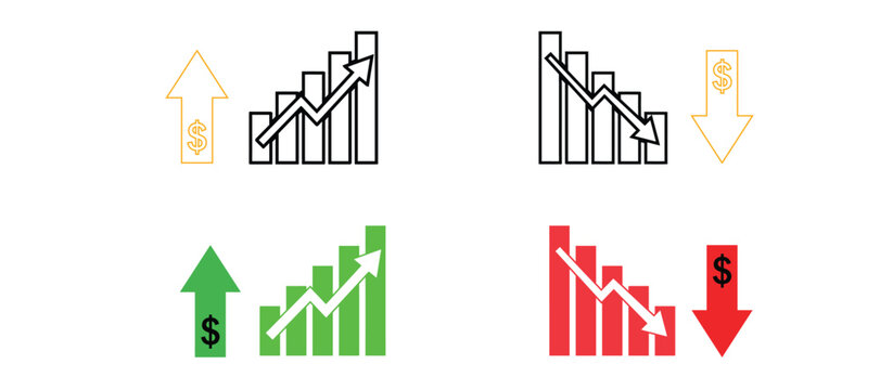 Set of business bar chart icons showing growth and decline trends with upward and downward arrows