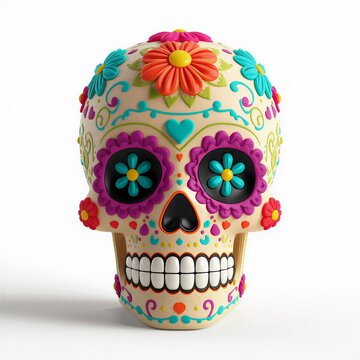 Representaci&oacute;n en modelado 3D de una calavera de az&uacute;car tradicional decorada para el D&iacute;a de Muertos, con coloridos patrones florales en tonos fucsia, naranja, azul y turquesa,