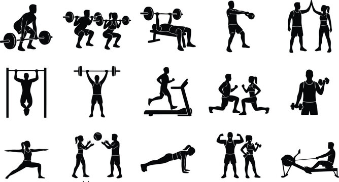 Set of black fitness and gym workout exercise icons showing people training with gym equipment
