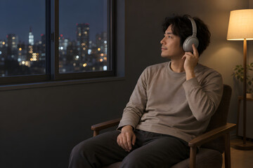 Fototapeta premium Japanese Man Wearing Headphones Beside a Window at Night