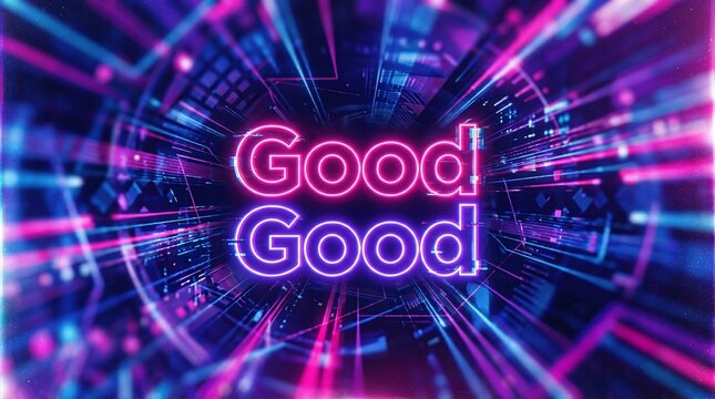 Neon lights create a futuristic vortex with the word good repeated in vibrant color