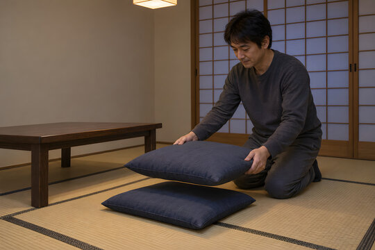 Japanese Man Stacking Zabuton Cushions in a Tatami Room at Night